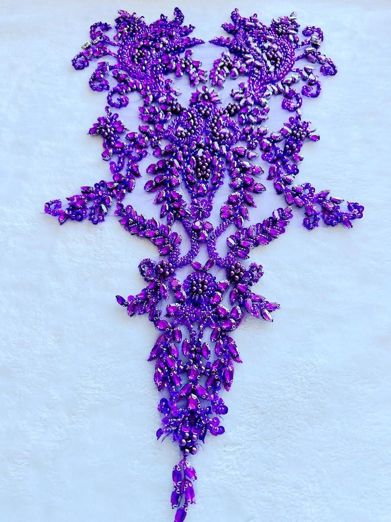 PLune Handmade Shiny Rhinestones Applique handsewing Beaded Sequins Crystal on lace Trim Patches for Prom Dress Clothing Decorative Accessories (Pueple) - Image 4